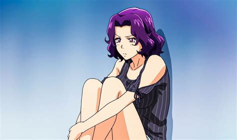 A Woman Sitting On The Ground With Her Legs Crossed And Purple Hair In