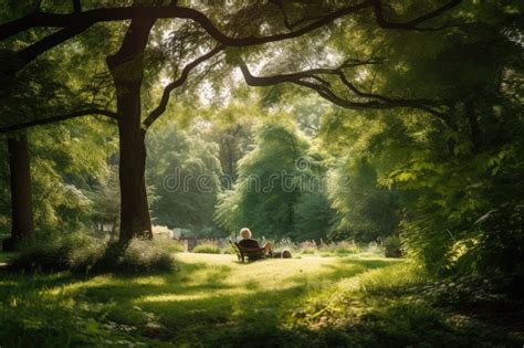 Person Relaxing In Serene Park With View Of The Greenery And Birds