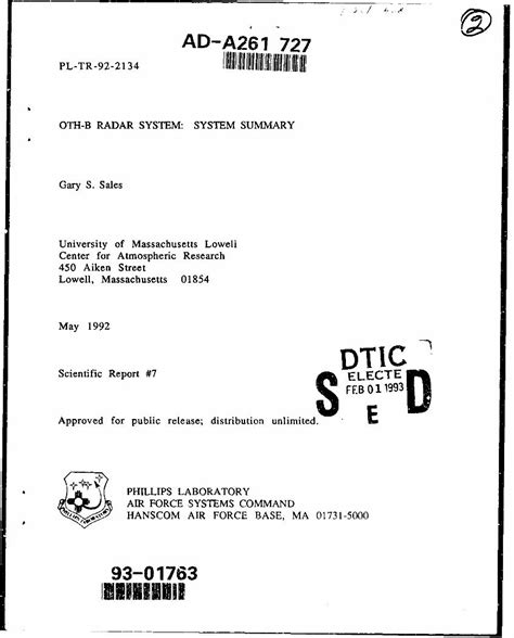 PDF OTH B RADAR SYSTEM SYSTEM SUMMARY S AD A261 727 OTH B RADAR