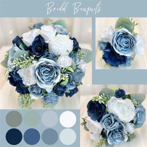 SLATE BLUE DUSTY Blue Wedding Bouquet Set With Mini Roses Silk Bridal