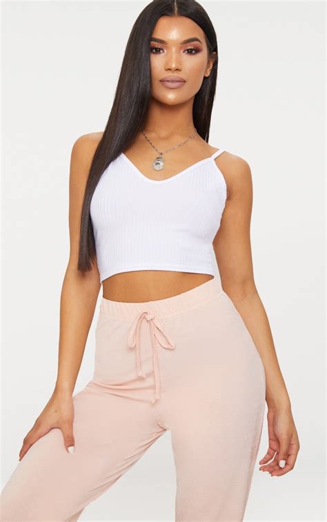 White Rib Plunge Cami Crop Top Tops Prettylittlething