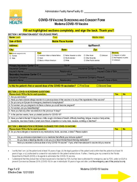 PDF COVID 19 VACCINE SCREENING And CONSENT FORM Florida Fill Out And