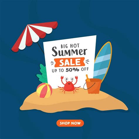 Summer Sale Poster Design With Discount Offer And Beach Elements On