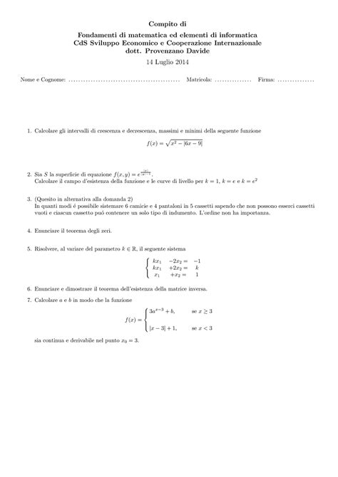 Esame 14 Luglio 2014 Domande Compito Di Fondamenti Di Matematica Ed