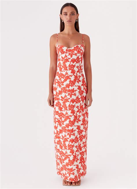 Forbidden Floral Bustier Maxi Dress Red Floral Peppermayo