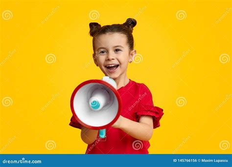 Cheerful Girl With Speaker Stock Photo Image Of Sound 145766156