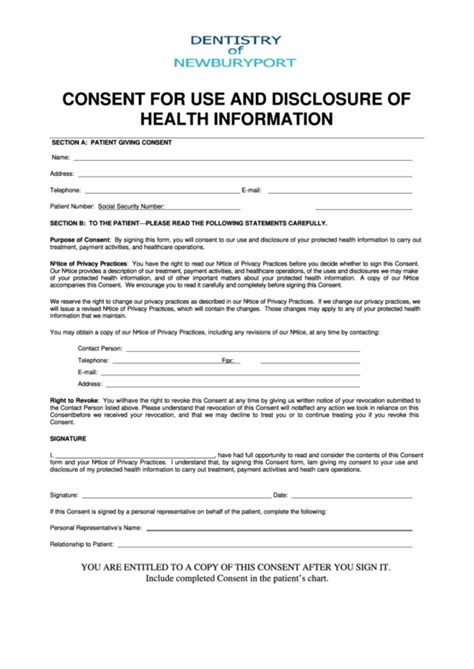 Form Consent For Use And Disclosure Of Health Information Printable Pdf