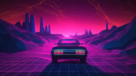 Um passeio de carro na estrada de néon no estilo de synthwave retro dos