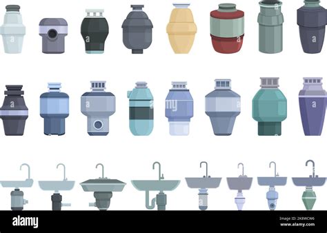 Food Waste Disposer Icons Set Cartoon Vector Garbage Sink Waster Food