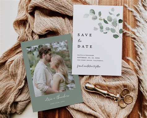 Sage Green Save The Date Cards Template Photo Eucalyptus Etsy