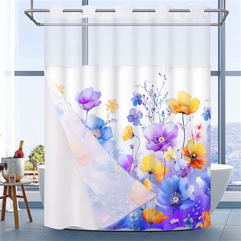 Ikfashoni Purple Floral Hookless Shower Curtain With Snap In Liner No Hook Waterproof Fabric