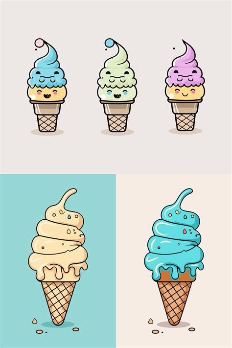 Cute Ice Cream Cartoon Line Art Vector Icon Illustration Food Drink