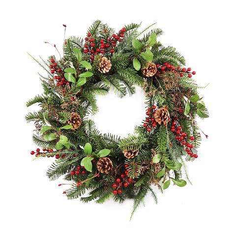 WREATH GREENERY/PINE 24" NATURAL W/ PINE CONE & RED BERRIES - Christmas