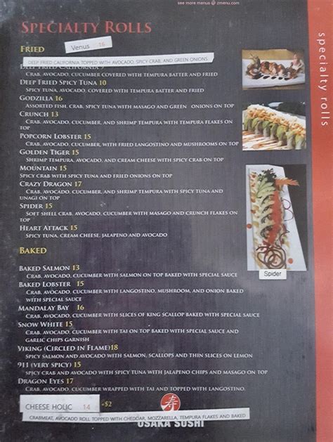 Menu at Osaka Sushi restaurant, Bonnyville