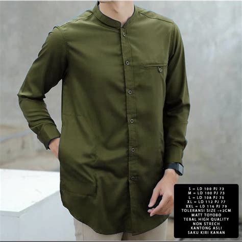 Jual Baju Koko Pria Warna Hijau Army Kemeja Koko Kerah Shanghai Koko