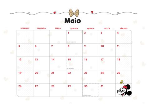 Calendário Mensal Minnie Maio Minnie Fazendo a Nossa Festa