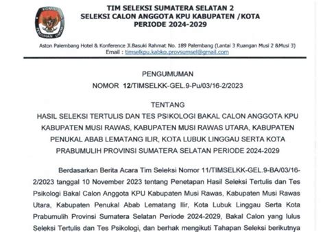 Hasil Penelitian Administrasi Calon Anggota KPU Prabumulih Diumumkan