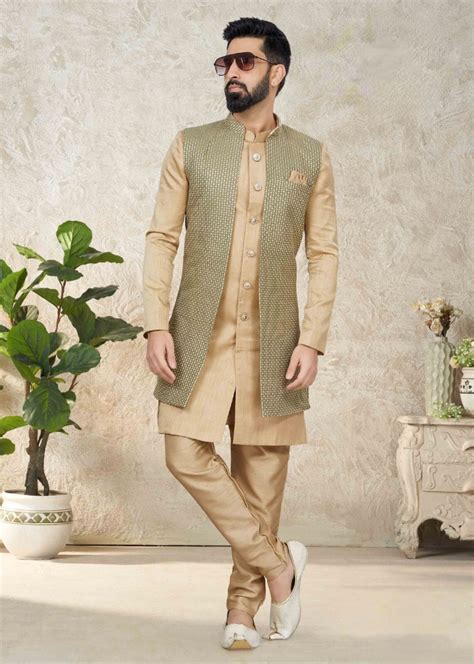 Art Silk Indo Western Sherwani In Beige And Pastel Green