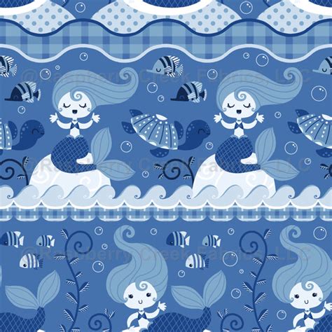 Blue Mermaids Monochrome Raspberry Creek Fabrics