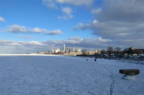 View of downtown over a frozen Lake Erie : r/Cleveland