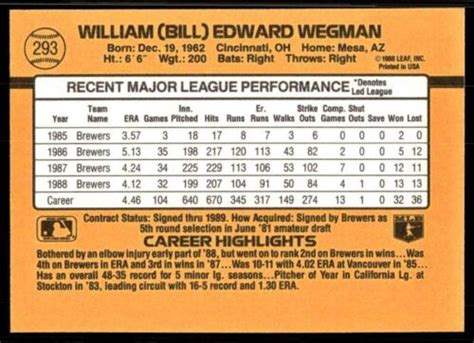 1989 Donruss Bill Wegman Milwaukee Brewers 293 EBay