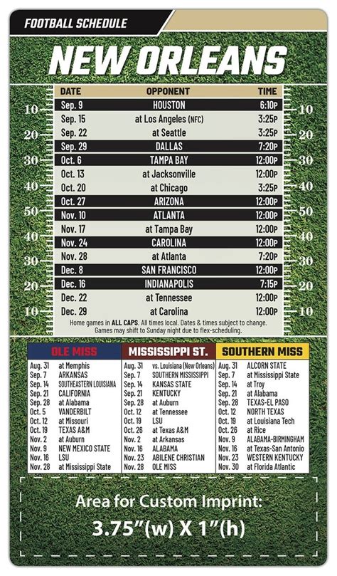 New Orleans Saints Pro Football Schedule Magnets 4 X 7 Custom Magnets