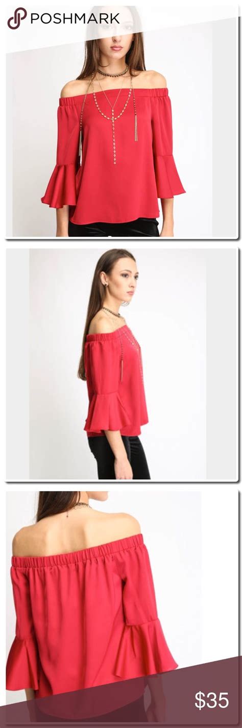 Satin Off Shoulder Bell Sleeve Top In Red