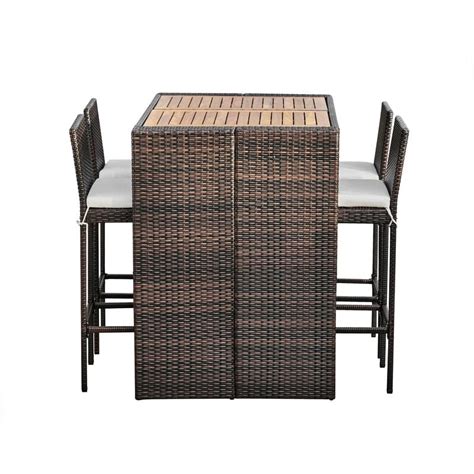 Patio 5 Pcs Bar Height Dining Set Acacia Wood Tabletop Black 120 X