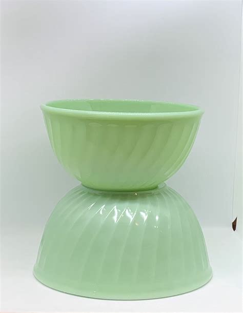 Fire King Jadeite Nesting Bowls Size 8 And 9 Mixing Bowls Green Swirl Vintage California