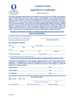 Fillable Online Fgcu Academic Amnesty Application For Consideration