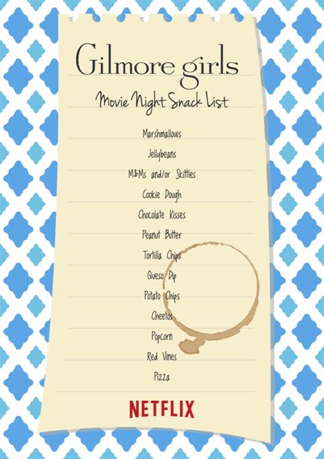 Gilmore Girls Movie Night Snack List inspired by "Kiss and Tell" 1x7 ...