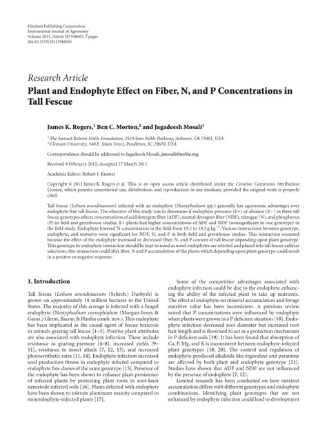 Pdf Plant And Endophyte Effect On Fiber N And P Concentrations In