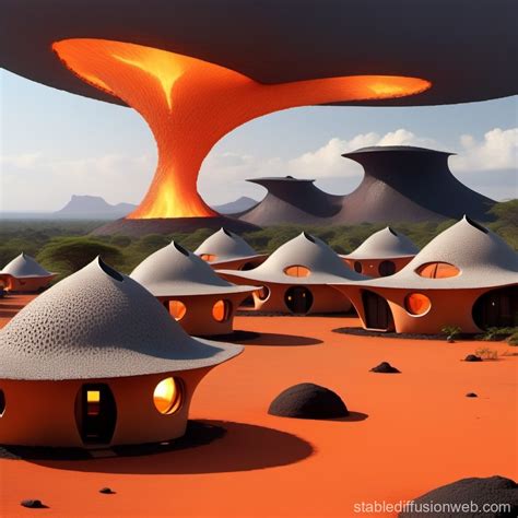 Futuristic Lava Roofed African Huts Cluster Stable Diffusion Online