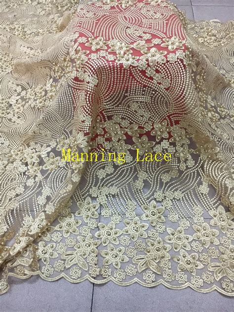 French Lace Fabrics Light Gold High Quality African Net Lace With Beads