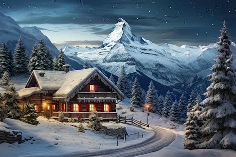 Nestled amidst the snowy peaks a cozy cabin stands at night Surrounded by a pristine winter ...