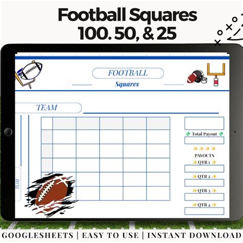 100 Football Squares Pool Board Football Squares Printable Football