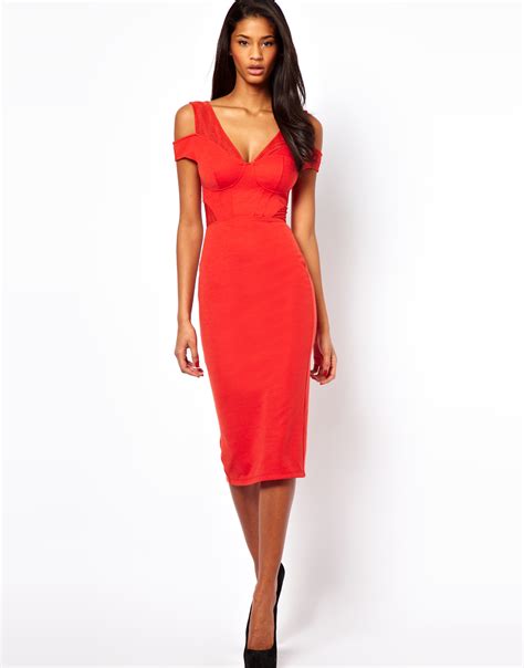 Lyst Asos Sexy Pencil Dress With Textured Cold Shoulder In Red