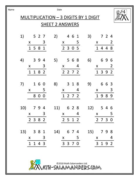 Printable Multiplication Worksheets 4th Grade Math