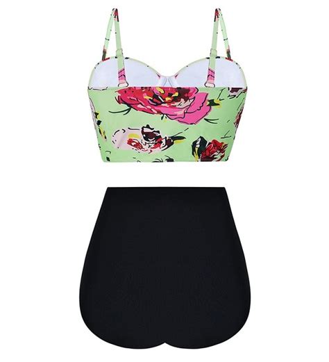 Vintage High Waist Floral Women S Bikini Set Strappy Push Up Bathing Suit Green C618366G8TU