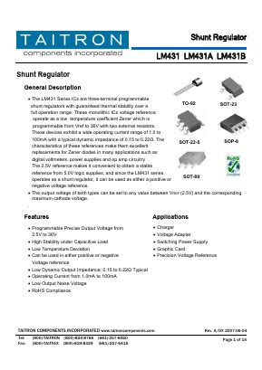 LM431 Datasheet PDF TAITRON Components Incorporated Shunt Regulator