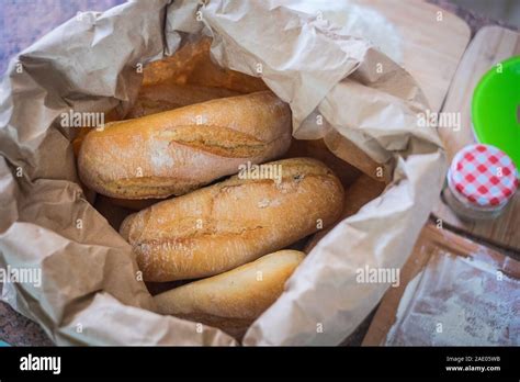 Fresh hand made bread inside a paper bag - bakery shop concept Stock ...