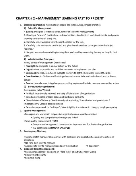 Test Ch 2 Notes Chapter 2 Management Learning Past To Present Classical Approaches