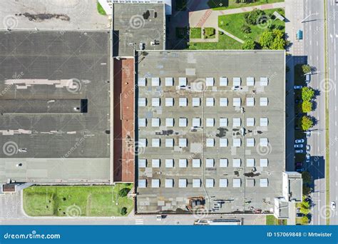 Aerial Top View of Industrial Warehouse Roof with Skylights Stock Photo ...