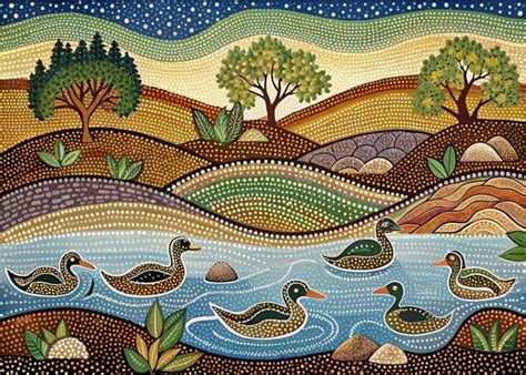 Stunning Aboriginal Dot Painting of a River Landscape with Ducks