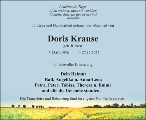 Traueranzeigen Von Doris Krause Trauer In Nrw De