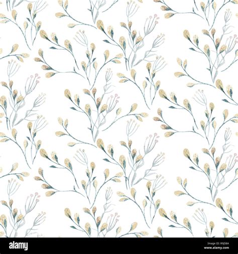 Seamless Pattern With Spring Willow Flowers And Leaves Easter Hand Drawn Background With Pussy