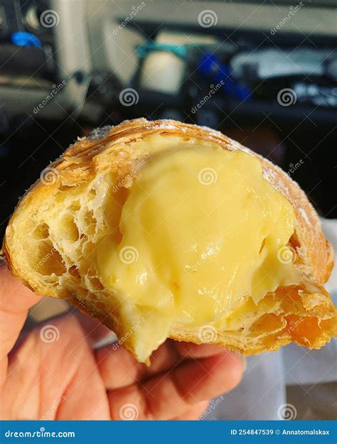 Half Croissant Croissant Stuffed With Cream Dessert Egg Custard In Croissant Pastry With