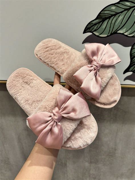 Womens Elegant Velvet Pink Bowknot Flat Plush Slippers For Valentines