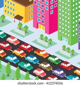 Isometric Residential View Cartoon Traffic Jam เวกเตอรสตอก ปลอดคา