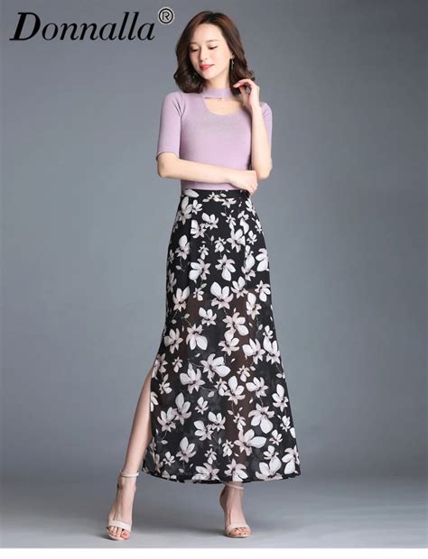 Donnalla Women Skirts Flower Printed Chiffon Straight Skirt Ladies High Quality Elegant Ol